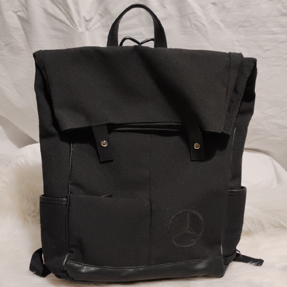 Mercedez Benz Sleek Black Minimalist Backpack with Fold-Over Flap Hardly Used